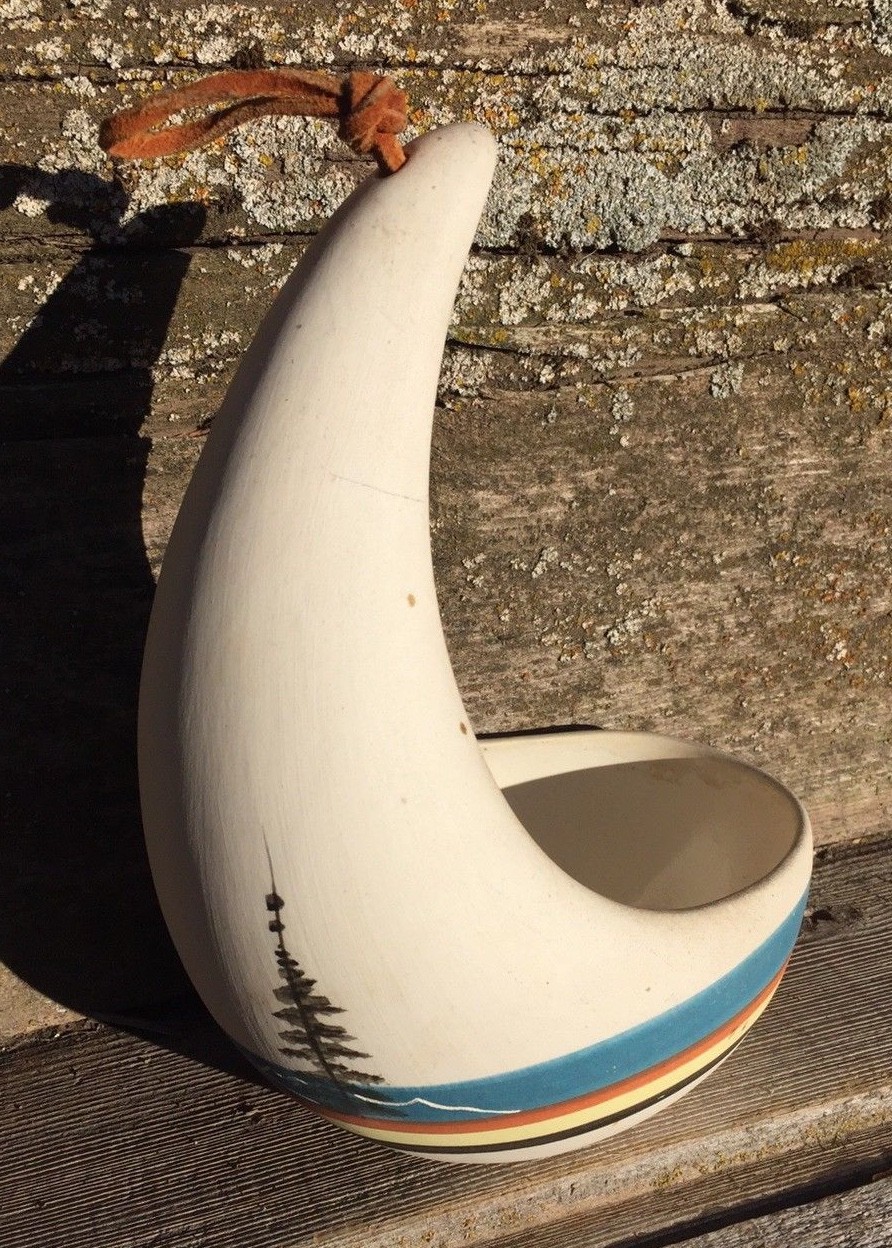 Pottery Bird Feeder, Handpainted Pacific Northwest Theme, Leather Hanger Loop