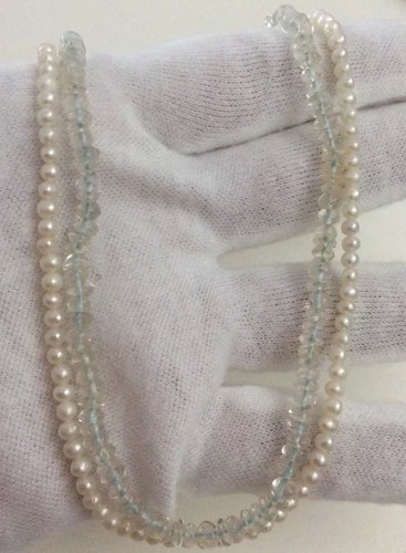14K Pale Blue Aquamarine & Small Freshwater Pearl Double Strand Necklace 16 Inch