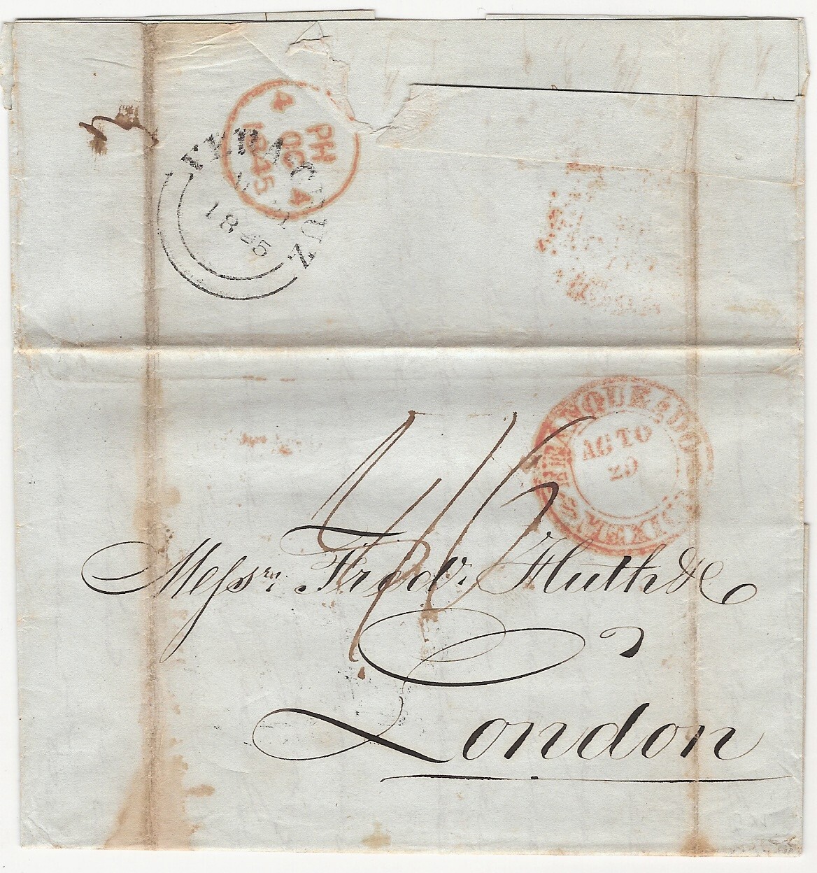 【m】ネームシール ピューロランド 公式 MEXICO 1845 PRE-STAMP LETTER TO LONDON, ENGLAND RED CANCEL