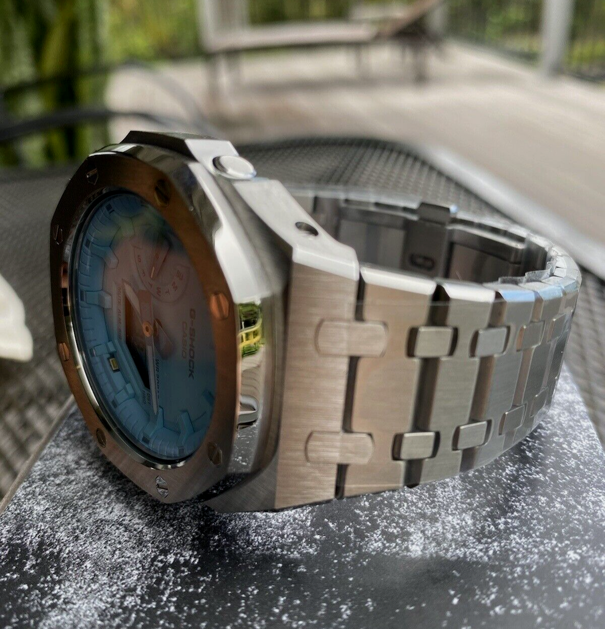 Pre-owned Casio G-shock Ga2100 Custom Mod Silver Band, Light Blue Dial