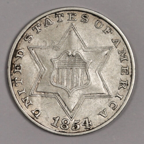 1854 Three Cent Silver.  Natural Uncleaned.  AU-UNC.  178616