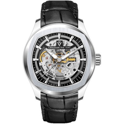 Pre-owned Christian Van Sant Mens Romeo Black Dial Watch Cv9500 Stainless Steel Leather