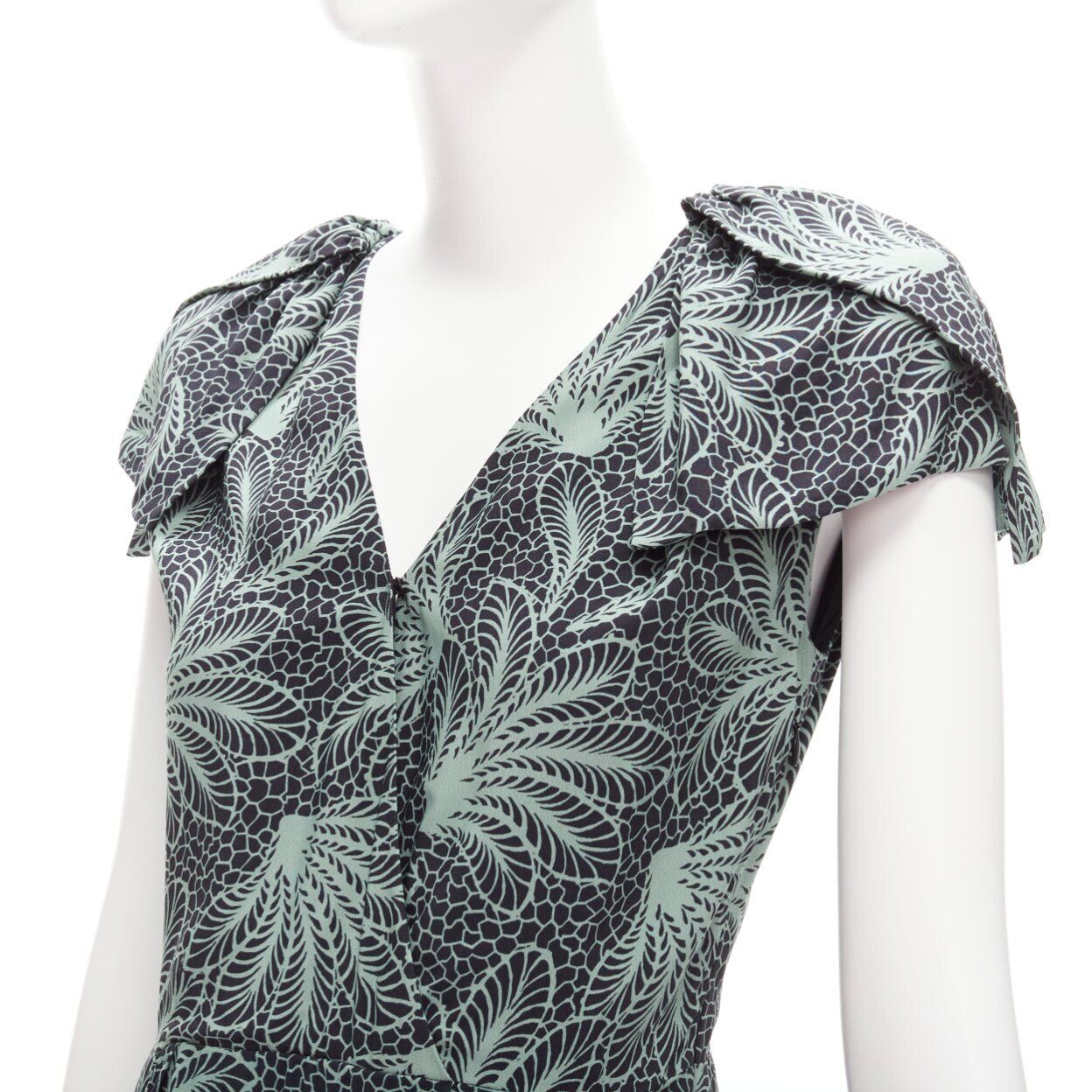 DRIES VAN NOTEN Runway green leaf print petal sleeves V neck DRIES VAN NOTEN Runway green leaf print petal sleeves V neck