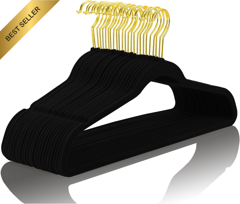 40 Black Velvet Hangers Gold Hooks Heavy Duty Non-Slip Space-Saving