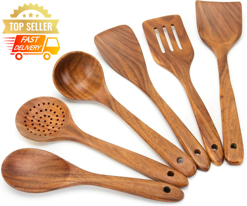 Teak Wood Cooking Spoon Set 6-Piece, Non-Stick, Heat-Resistant, Easy Clean