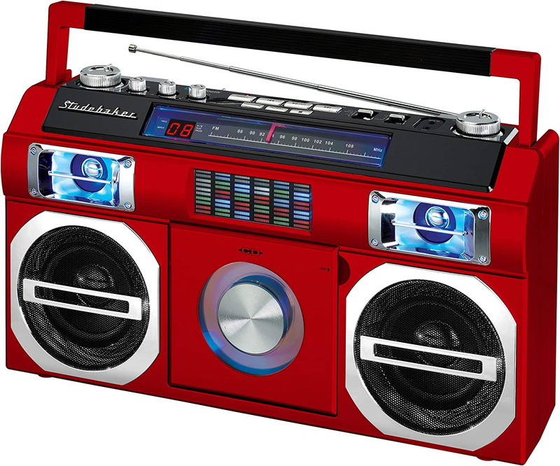SB2145R 80's Retro Street Bluetooth Boombox with FM Radio, CD Player, LED EQ,