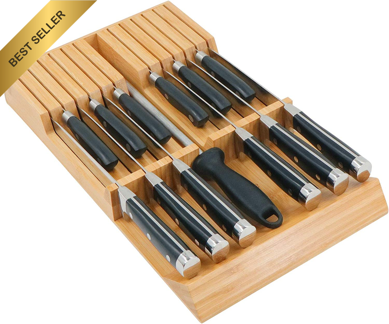 In-Drawer Knife Block Bamboo Kitchen Knife Drawer Organizer,Large Handle Steak K
