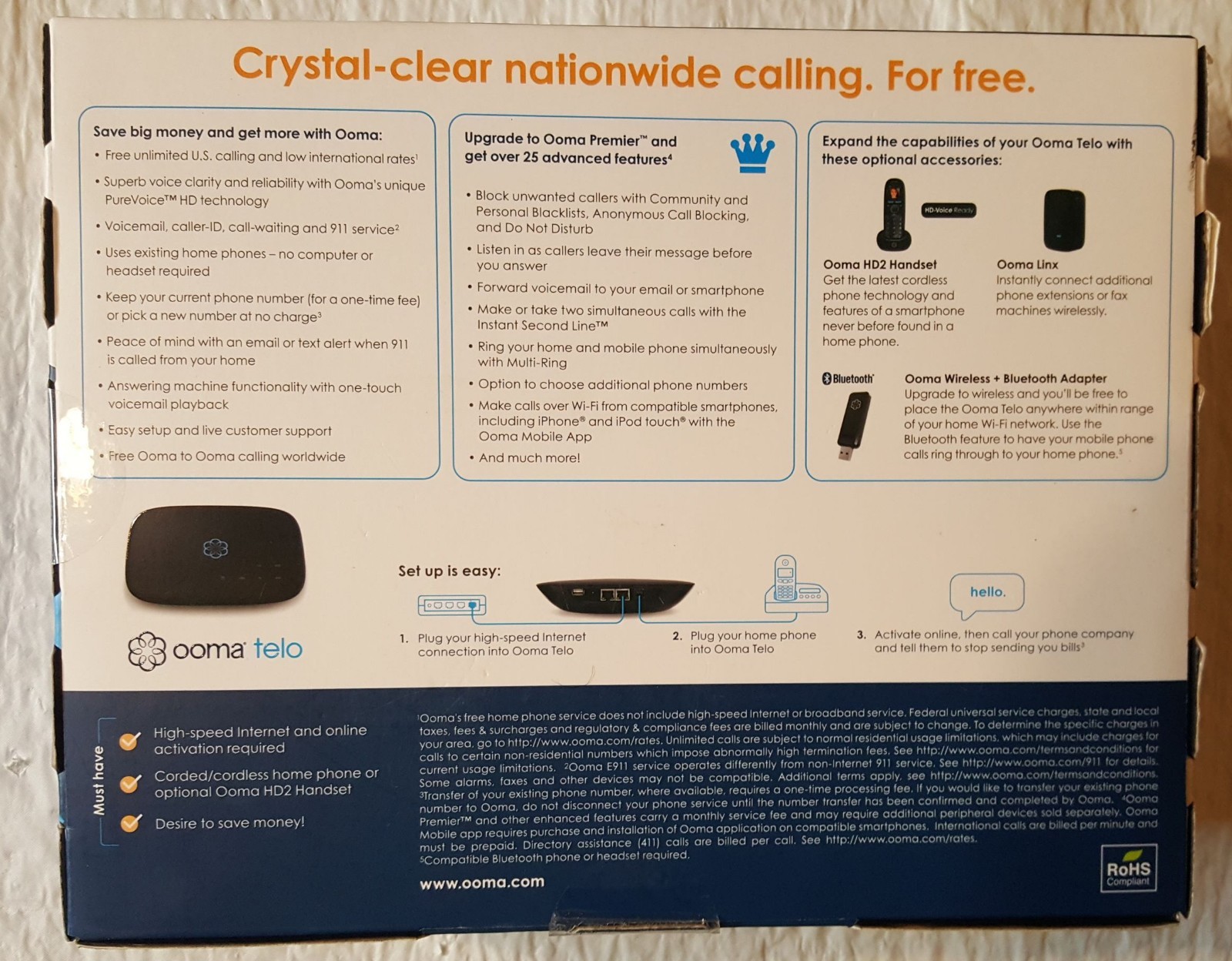 New Ooma Telo VoIP Home Phone Service Built-in DECT 6.0 PureVoice HD Sound Black