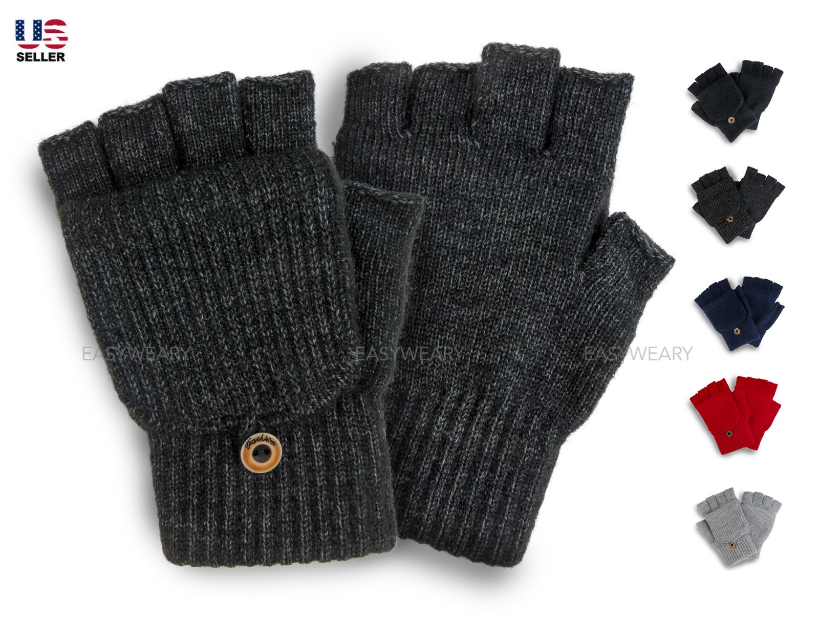 Men Women Winter Wool Knitted Convertible Mittens Flap Fingerless Gloves Thermal