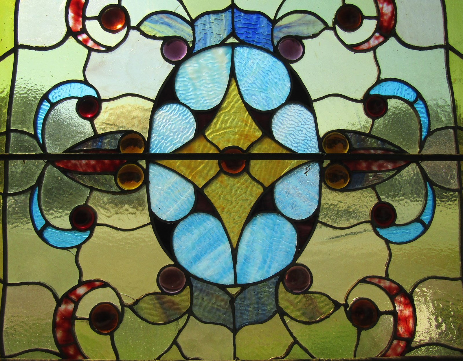 LARGE ANTIQUE SQUARE JEWELED STAINED GLASS WINDOW 39 BY 41