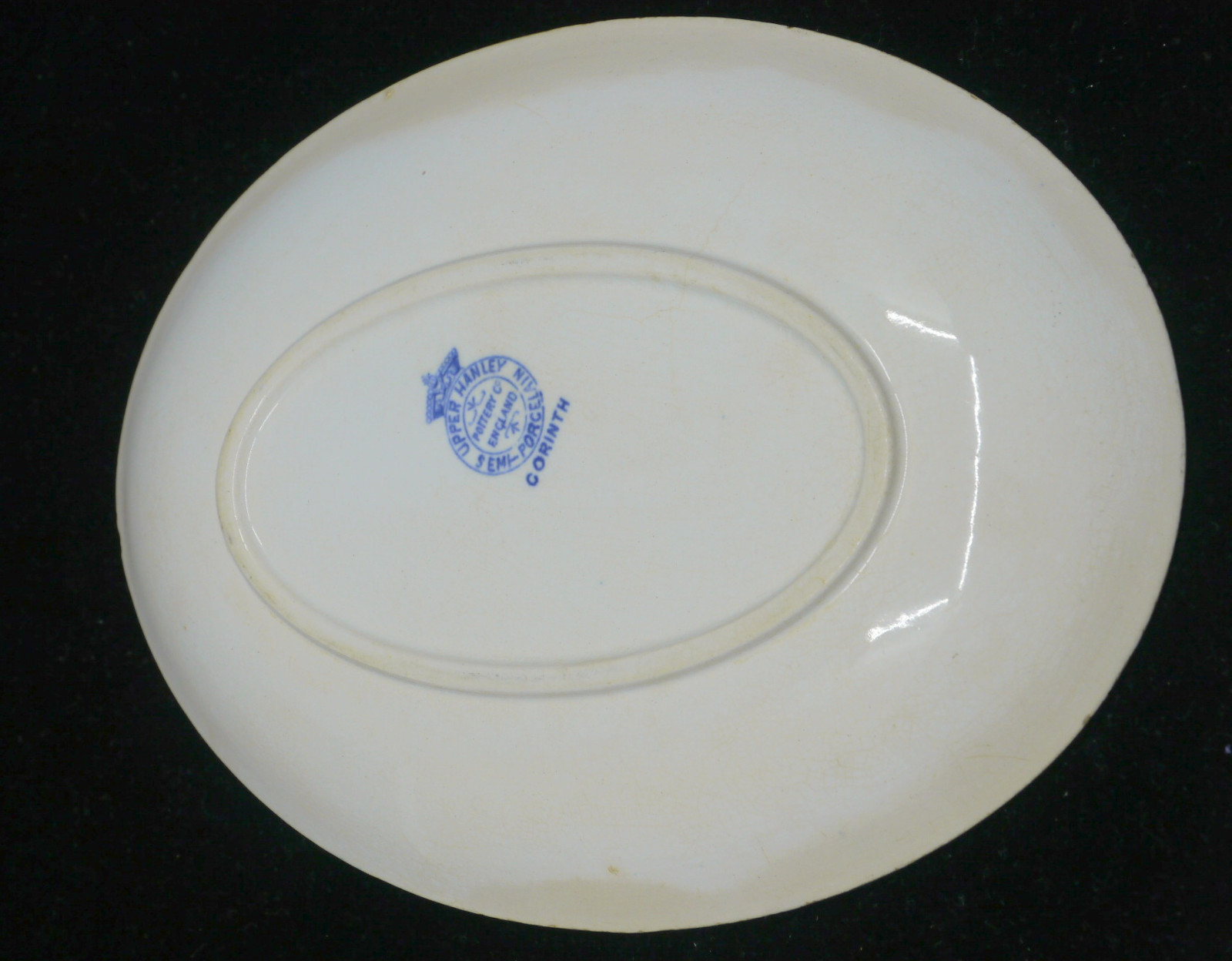 OLD ENGLISH UPPER HANLEY SEMI-PORCELAIN BLUE & WHITE OVAL PLATE, CORINTH PATTERN