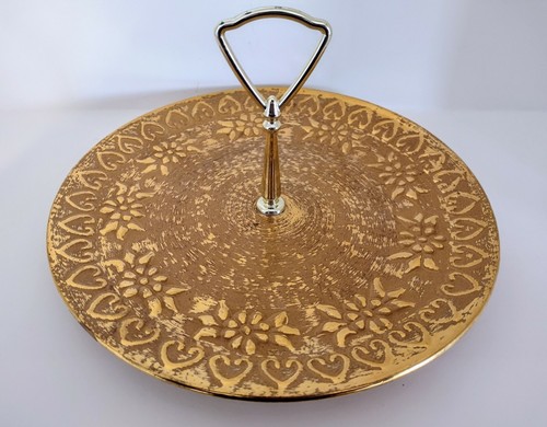 VTG Mid Century STANGL POTTERY Granada Gold Tidbit Serving Plate Hearts Flowers