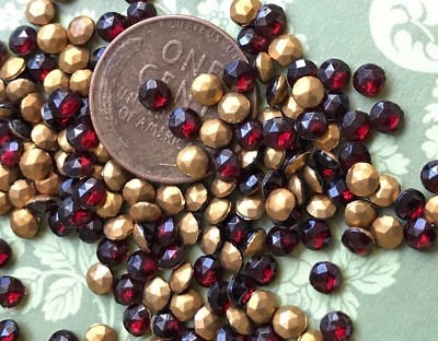 Vintage Garnet Stones 4mm Tiny Ruby Red Gold Foil Back Rhinestones NOS #259