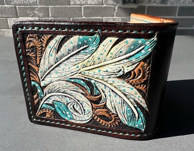Money Clip Wallet - Custom - Western - Two Tone - Feathers - Tooled - Minalmilst