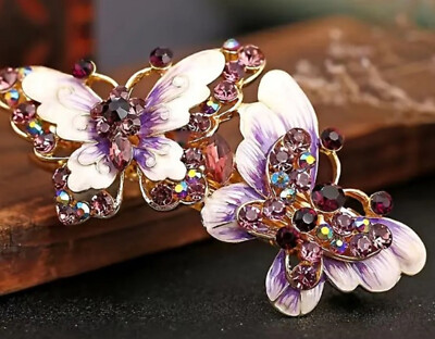 Double Butterfly purple crystal barrette