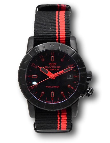 Pre-owned Glycine Airman Worldtimer Men's 42mm Swiss Made Quartz Double Black Watch Gl1037