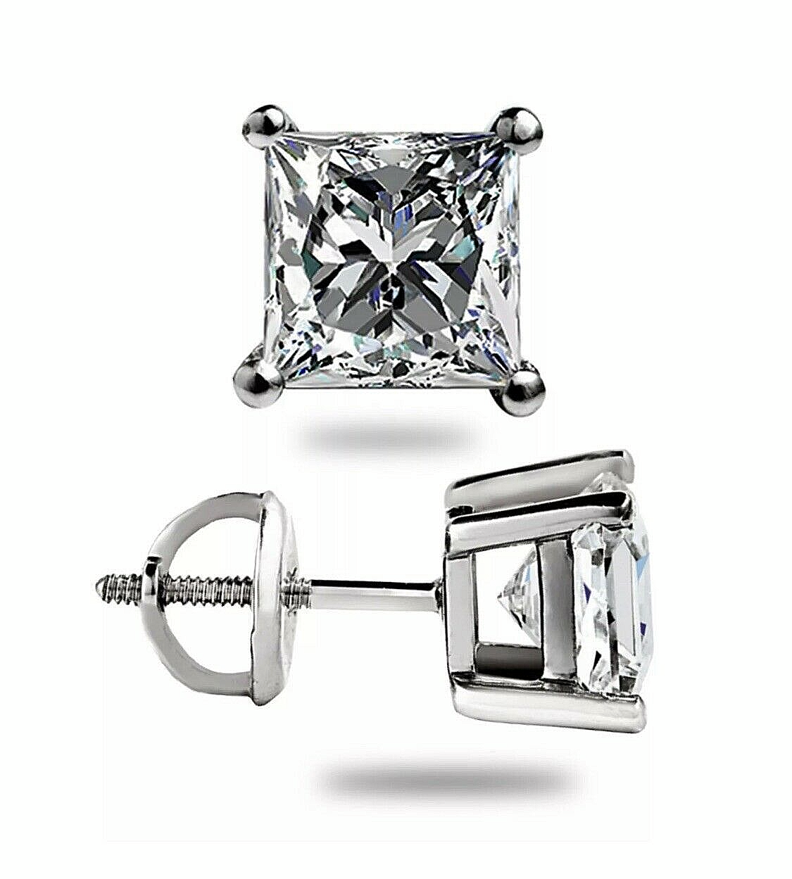 4 Ct Princess Cut VVS1/D Lab Created Studs Earrings 14K White Gold 7mmScrew Back