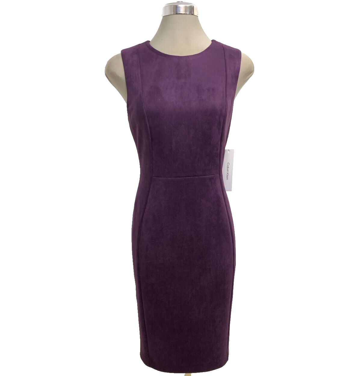 Новое элегантное женское платье-футляр Calvin Klein размера 8 из искусственной замши цвета баклажана