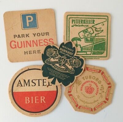 Vintage c. 1965 LOT of 5 Guinness, Gosser, Amstel, & More Imported Beer Coasters