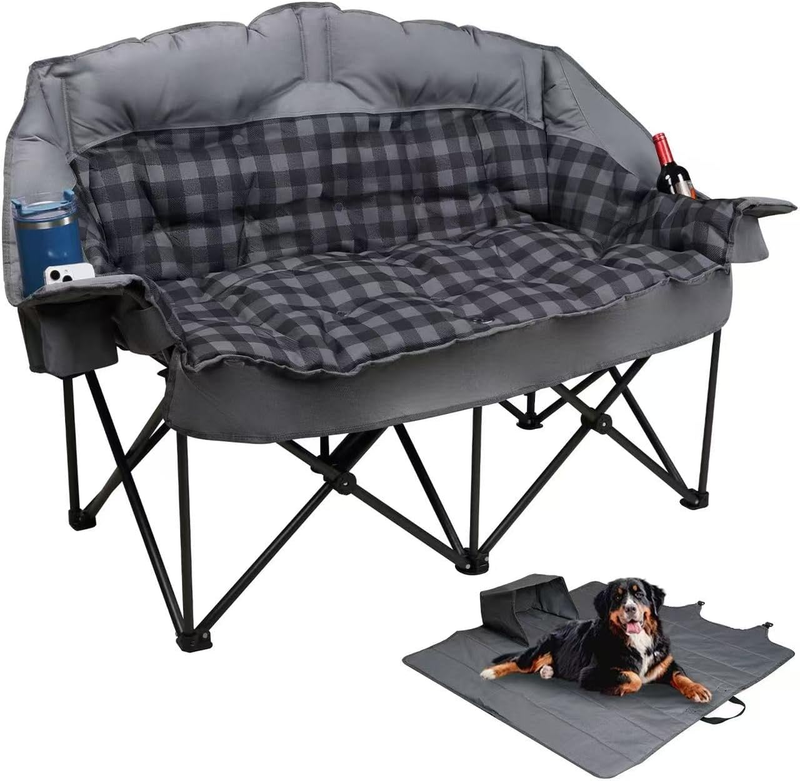 Double Camping Chair, Padded Loveseat Camping Couch, Oversized 2 Person Camp Chairs with 2 in 1 Carry Bag, Heavy Duty Folding Lawn Chair Outdoor Sofa with Cup Holders for Adults Patio Backyard, Grey