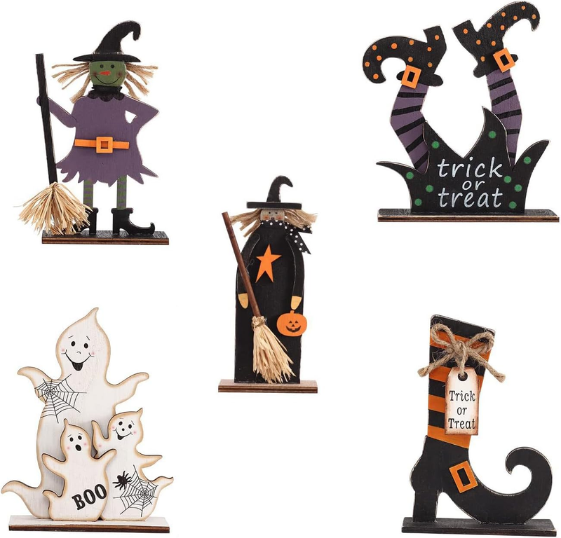 Halloween Table Decorations Set, 5-Piece Wooden Standing Ornaments