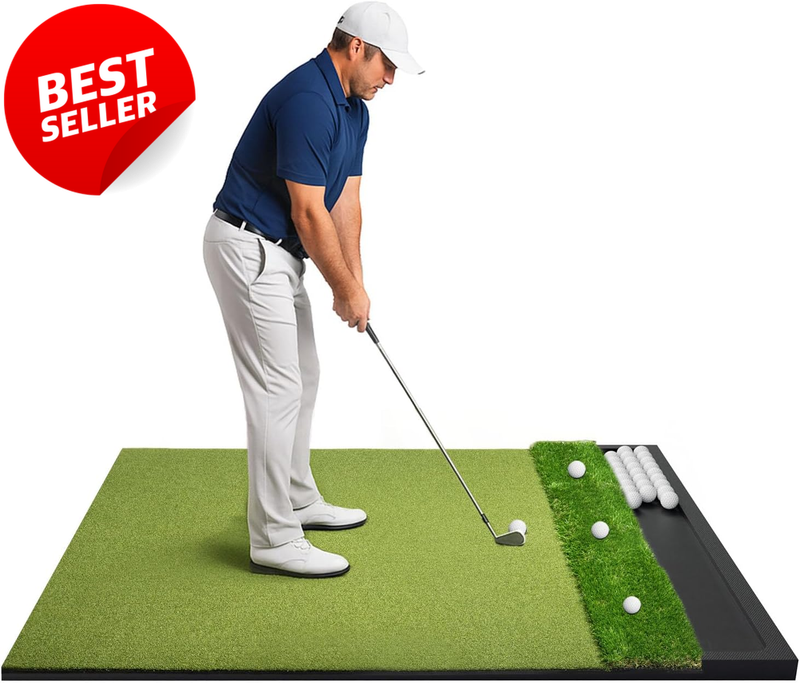Golf Hitting Mat w Ball Tray 5x4 6x4 Ft Dual Turf Indoor Outdoor - US