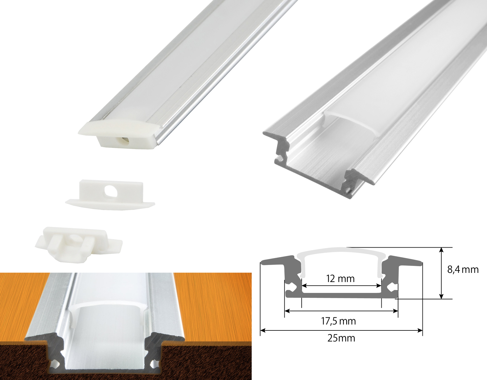 2m Alu Profil Schiene leiste Kanal System für LED Band Milchglas Abdeckung