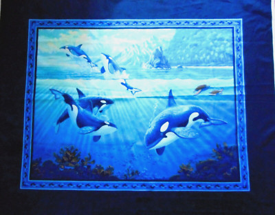 Fabric Quilt Panel 1 Yard Orca Whales in Aqua Ocean Navy Blue Border Cotton Vtg