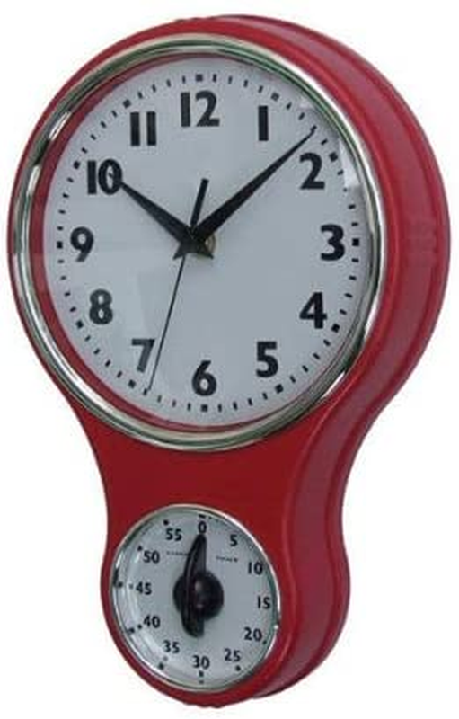 Kitchen Wall Clock With Timer Vintage Retro Decorative Hanging Bell Shape Red