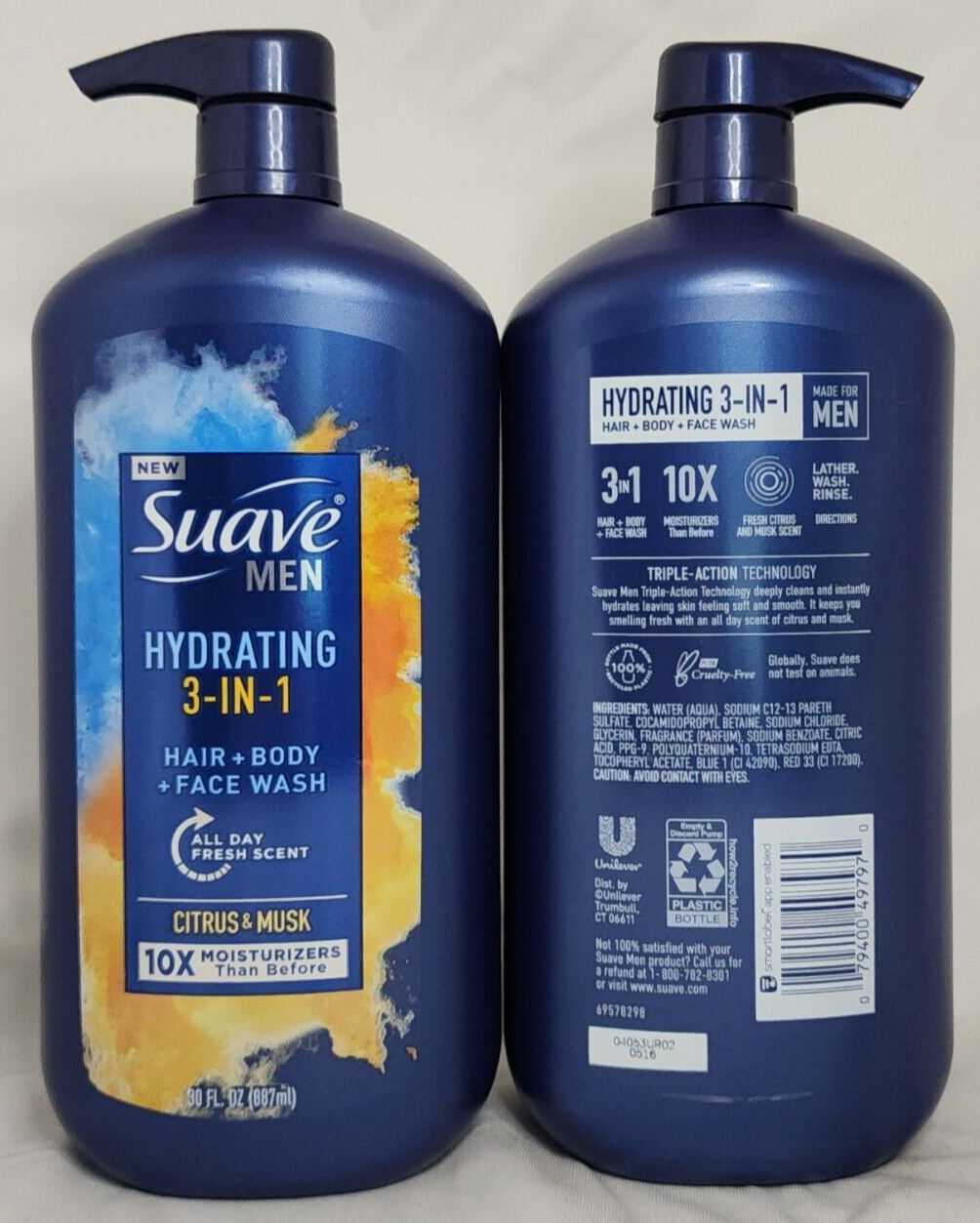 2 Ct) Suave Men Hydrating 3-in-1 Hair + Body + Face Wash
