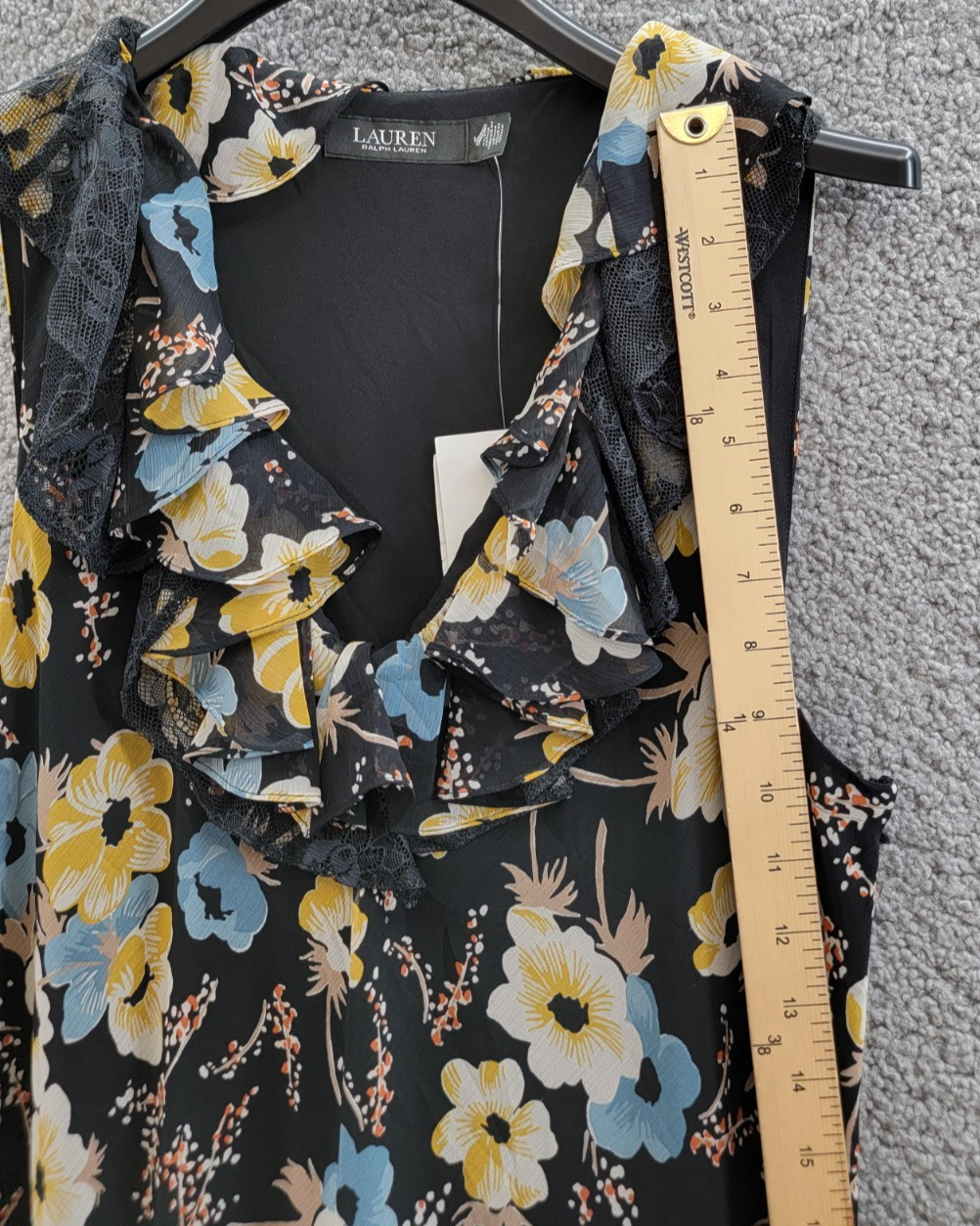 Lauren Ralph Lauren Floral A-Line Dress Women's 14 Black Multi Ruffle Sleeveless - Picture 8 of 15