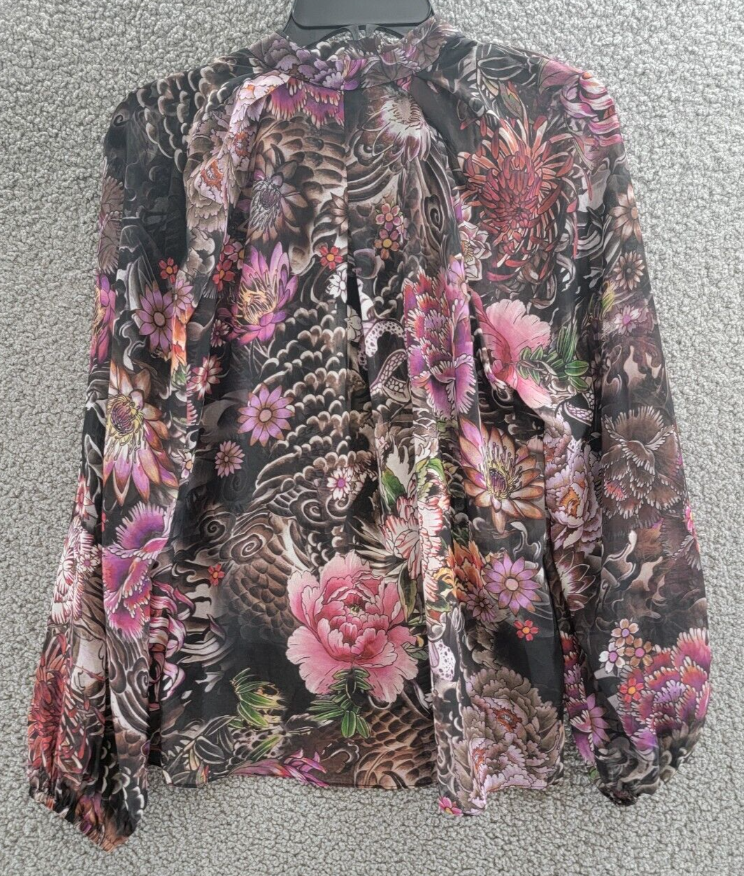 Kobi Halperin Robin Floral Balloon-Sleeve Blouse Womens S Black Multi V-neck L/S - Picture 10 of 15