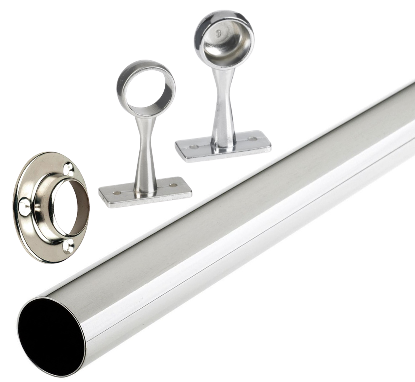 Round Wardrobe Rail Hanging Clothes Tube Chrome End Centre Supports