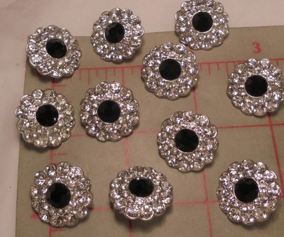 2 Czech Rhinestone Shank Buttons Silver With Jet Black Faceted Glass Center 3/4