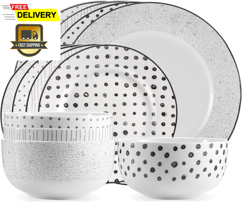 & Co. - Black Marble Plates and Bowls Sets Modern Dinnerware Set Kitchen Dinne..