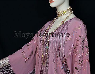 Pre-owned Maya Matazaro Embroidered Silk Fringe Jacket Kimono Strawberry Ice Multi Birds Flower Maya