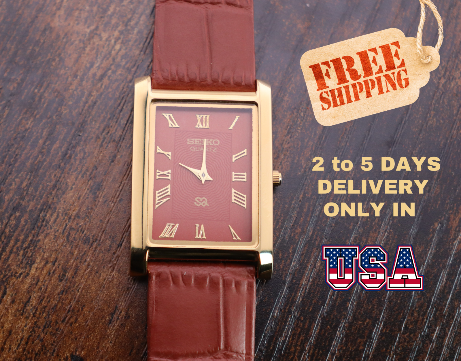 vintage Seiko Slim Tank Quartz Men Red Dial Light Brown