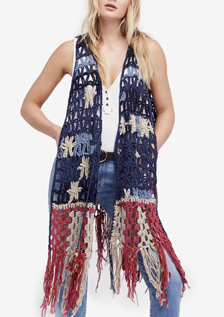 

Жилет Free People American Dreaming Star, синий, красный, коричневый, с бахромой, связанной крючком, S/M, НОВИНКА, Blue red tan