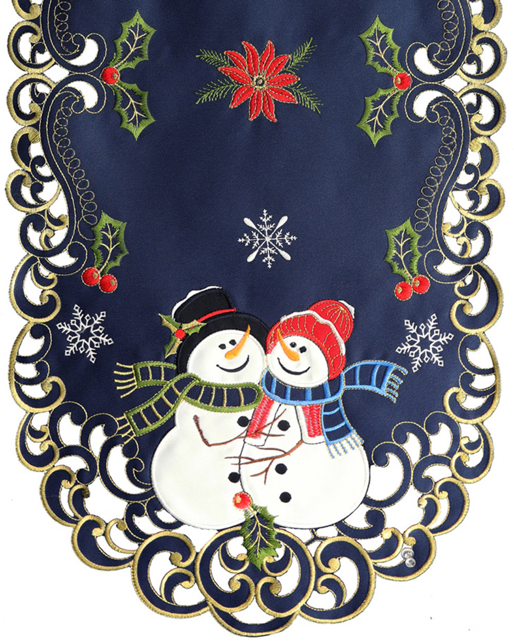 Holiday Christmas Snowman Snowflake Placemats Table Cloth Runner Navy Blue Gold