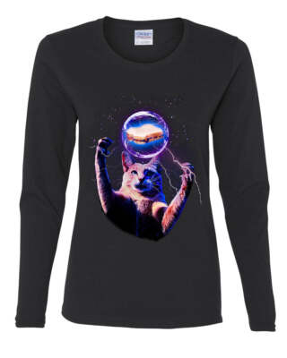 Cat Catching a Sandwich Women's Long Sleeve Tee Plasma Ball Kitty Kitten Weird