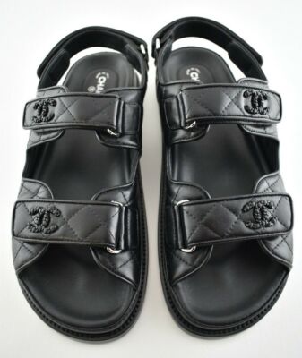 Pre-owned Chanel Black Leather Quilted Chain Cc Logo Mule Slide Strap Flat Dad Sandal 41