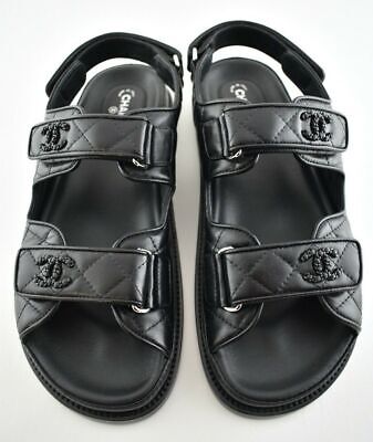 Pre-owned Chanel Black Leather Quilted Chain Cc Logo Mule Slide Strap Flat Dad Sandal 37.5