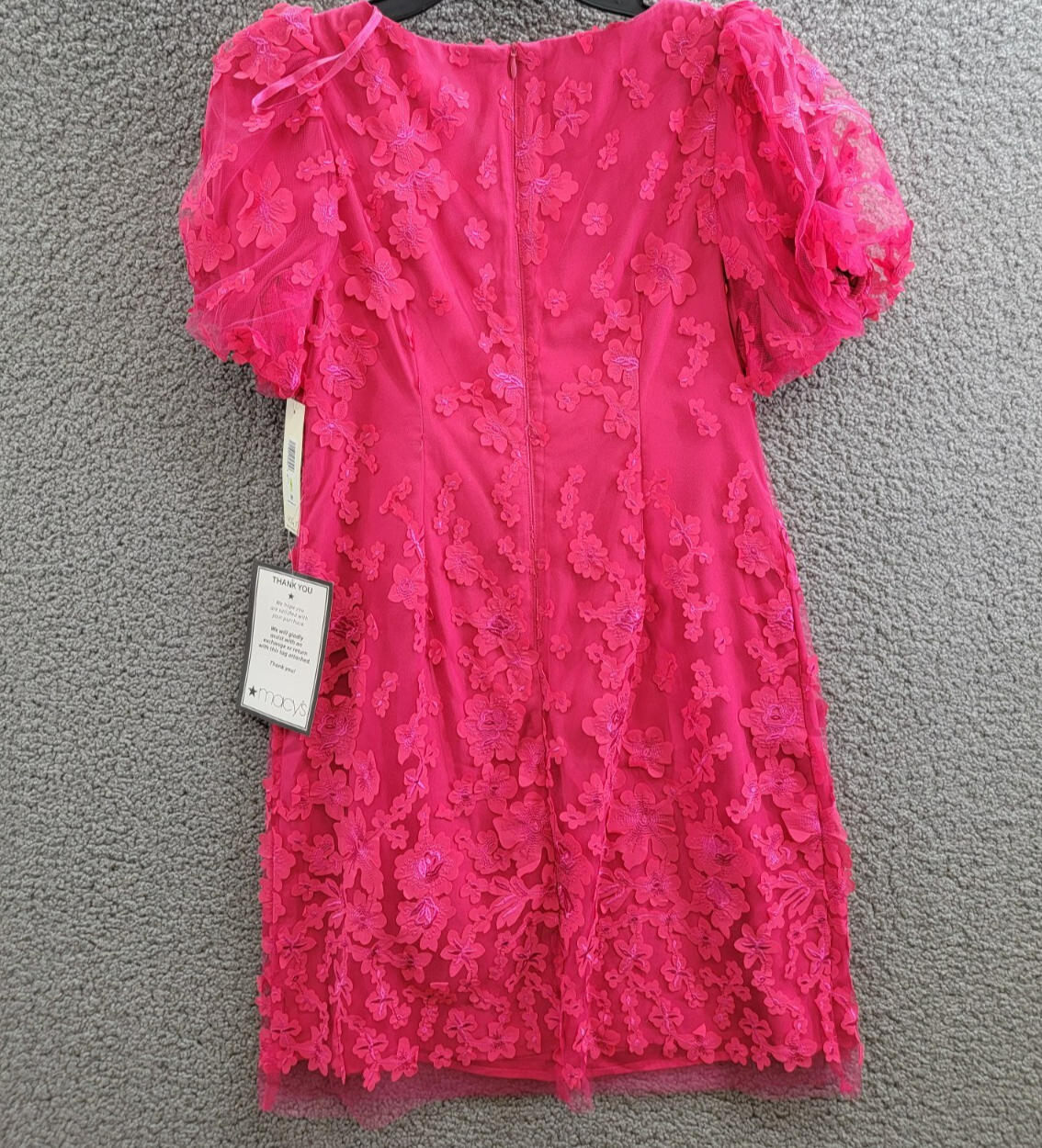 Eliza J Petite Puffed-Sleeve 3D-Floral Shift Dress Women's 4P Hot Pink Back Zip - Picture 10 of 17