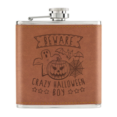 Flachmann Aus Edelstahl Mit PU-Leder-Hülle – Aufschrift 'Trust Me I'm A Witch', 170 Ml, Hellbraun – Perfekt Für Unterwegs