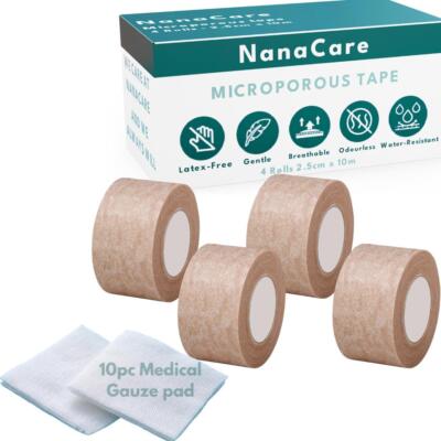NanaCare Tan Microporous Surgical Tape 2.5cm x 10m (4 Rolls) | Tan Micropore |
