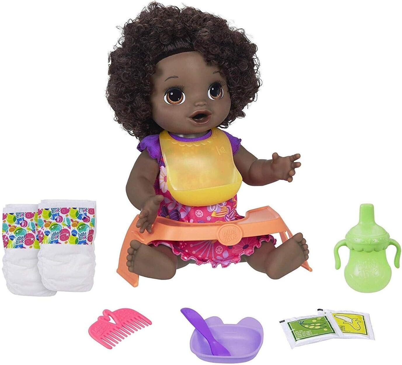 Baby Alive Happy Hungry Baby Black Curly Hair Doll Makes 50+ Sounds & Phrases