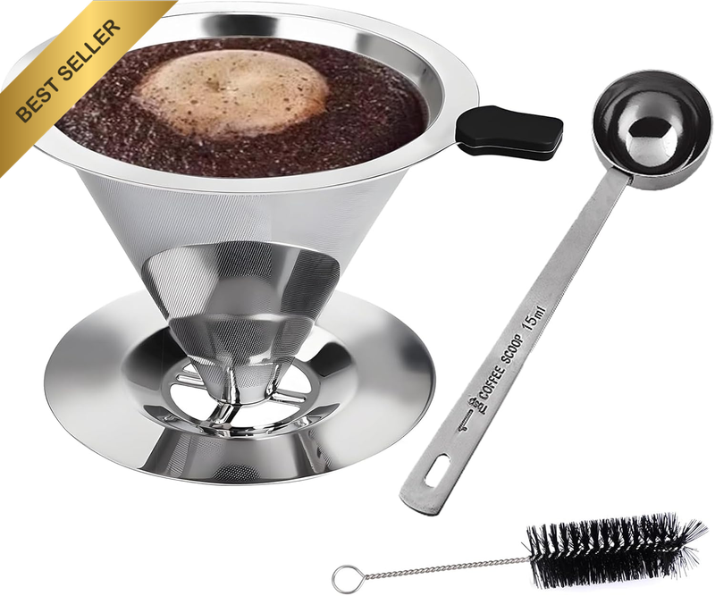 Stainless Steel Pour over Coffee Filter Cone, Reusable Metal Mesh Dripper for 1-