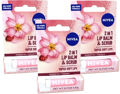 3 Pack Nivea 2in1 Lip Balm & Scrub Soft Lips, Rosehip Oil + Vitamin E, 0.17 oz