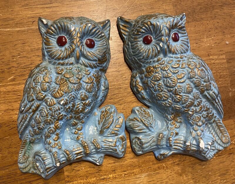 Pair of Vintage Blue & Gold Owl Chalkware Wall Plaques Hangings Decor Red Eyes 