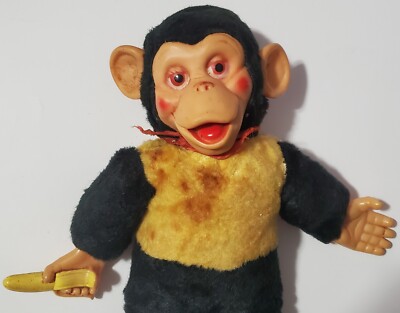 Vintage Plush Mr Bim Zippy Monkey with Rubber Banana Stuffed Toy 14  RARE 60s